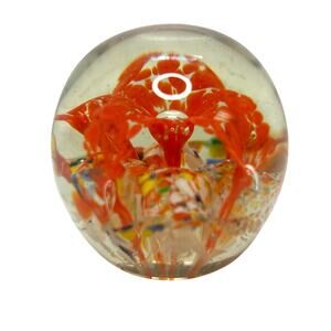 Small Vintage Art Glass Paperweight Multi Color Flowers Orange 1.75" Estate